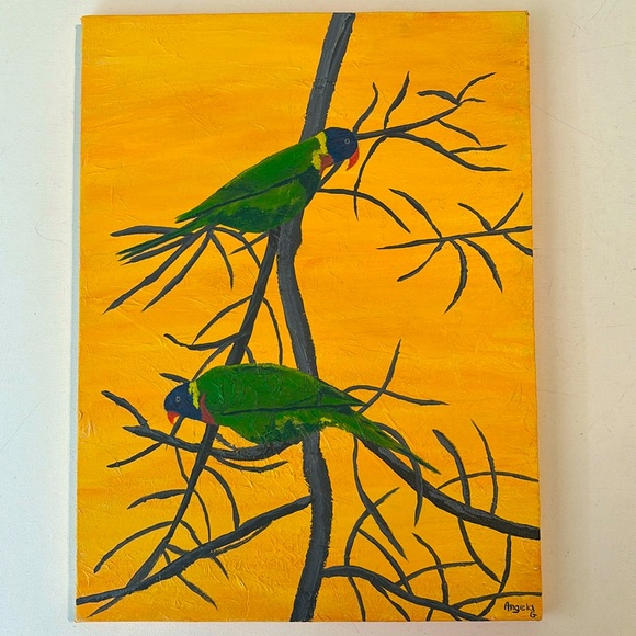 12 X 16 original acrylic exotic bird painting in yellow and green on canvas - Picture 1 of 4